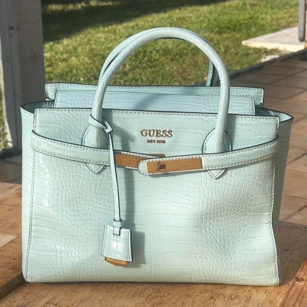 GUESS Mint Croc-Embossed Top-Handle Satchel with Gold Accent